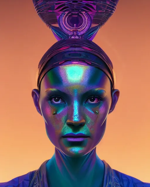 Image similar to highly detailed surreal vfx portrait of a metallic chromatic geometric tribal woman, behance, stephen bliss, unreal engine, greg rutkowski, loish, rhads, beeple, makoto shinkai and lois van baarle, ilya kuvshinov, rossdraws, tom bagshaw, alphonse mucha, global illumination, detailed and intricate environment