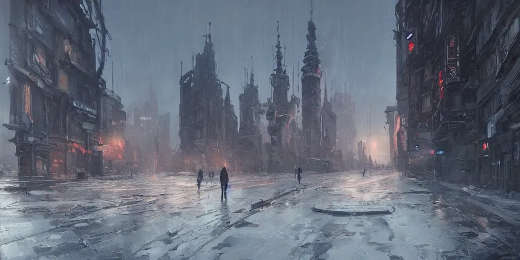 Image similar to cyberpunk depiction of the city of gdansk during arctic conditions by greg rutkowski