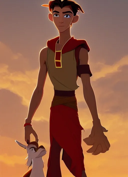 Image similar to skinny young tom holland as kuzco from the emperor's new groove, dynamic lighting, path traced, atmospheric, highly detailed, high quality, beautiful painting, octane render, don bluth, ross tran, studio ghibli, alphonse mucha, jama jurabaev, extremely detailed, brush strokes, artstation, artgerm