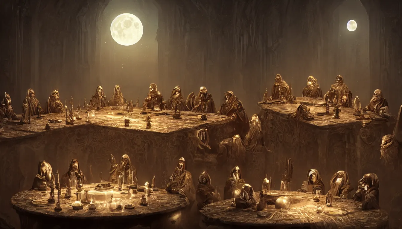 Prompt: A meeting of the council of elders, robed figures sat around a table, beautiful architecture, night time, stars visible, beautiful moon light, concept art, fantasy art, digital art by michal karcz, trending on artstation, highly detailed, 8k