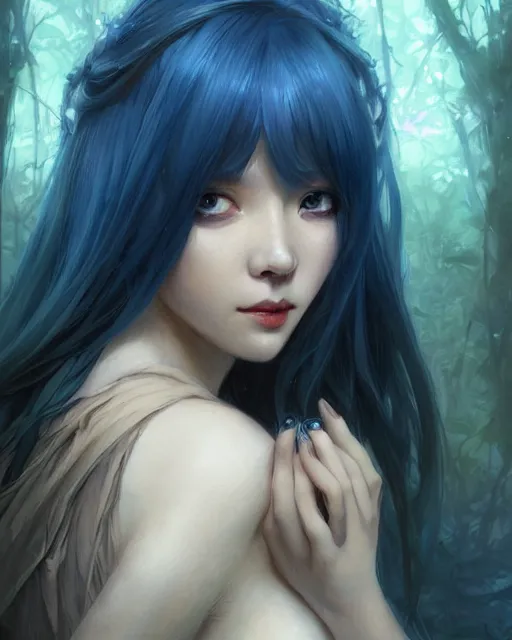 Image similar to stunningly beautiful female blue hair, cute korean actressr, fantasy art, fae priestess, lush dark forest landscape, fireflys at night, sharp focus, digital painting, 8 k, concept art, art by wlop, artgerm, greg rutkowski and alphonse mucha