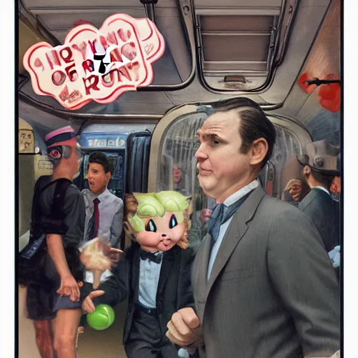 Prompt: jigglypuff runnning to catch the nyc subway, frantic, wearing a suit, style of norman rockwell, photograph, super sharp, style of richard corben, ultra detailed, 8 k, rule of thirds, cinematic lighting.