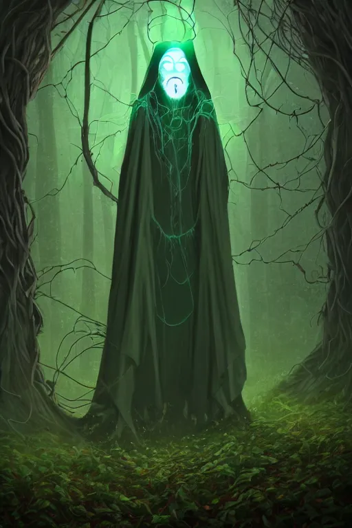 Prompt: A full body portrait of a ghost like shaman with no face, glowing eyes and a very long hooded dark green cloak of leaves and vines, forest spirits flying in the background art by Shaddy Safadi and Jason Chan, ominous, cosmic horror, trending on artstation, Ultra detailed, hyper realistic 4k