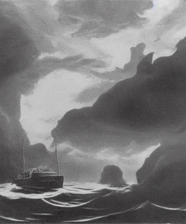 Image similar to photo of a 1 9 2 5 seiner sailing with the jamaican shoreline with the mouth of a sea cave at the waterline, dark, brooding, atmospheric, seascape, lovecraft, horror, smooth, epic, highly detailed, cinematic