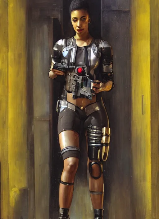 Prompt: Ariana Igwe. Buff Cyberpunk policewoman with robotic legs. Patrolling rainy streets. (Cyberpunk 2077, bladerunner 2049). Gorgeous face. Iranian orientalist portrait by john william waterhouse and Edwin Longsden Long and Theodore Ralli and Nasreddine Dinet, oil on canvas. Cinematic, vivid colors, hyper realism, realistic proportions, dramatic lighting, high detail 4k