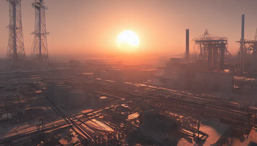 Image similar to real combined cycle powerplant, sunrise, hyperdetailed, artstation, cgsociety, 8 k