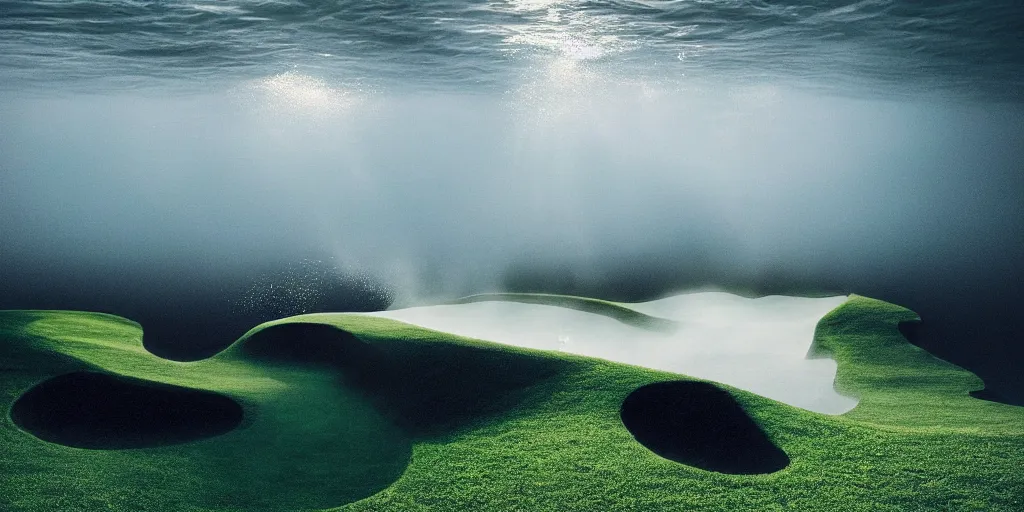 Image similar to a great photograph of the most amazing golf hole in the world, perfect light, under water, ambient light, 5 0 mm, golf digest, top 1 0 0, fog