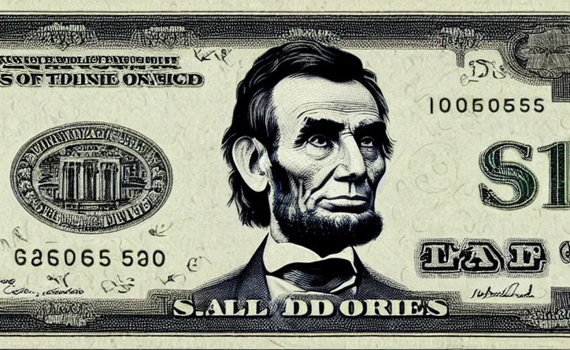 Prompt: rectangular photograph of five dollar u. s. currency note featuring abraham lincoln