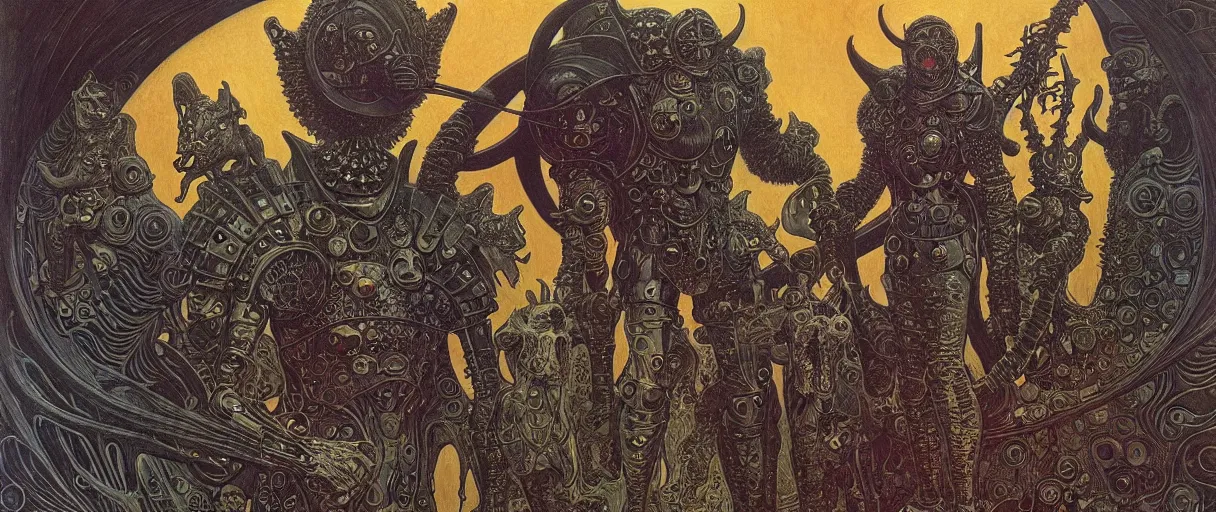 Prompt: composition of gothic and futuristic, warhammer, animals in cyber armor, the middle ages, highly detailed, artstation, in the style of moebius, jugendstil and classic japanese print, psychedelic, art by art by max ernst and gustav klimt, compositon by jean delville