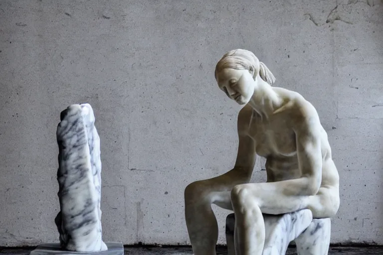 Image similar to a sculpture of a person sitting on top of a chair, a marble sculpture by nicola samori, behance, neo - expressionism, marble sculpture, apocalypse art, made of mist