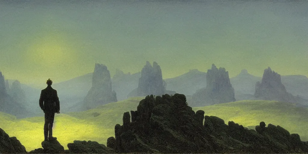 Image similar to small male figure in epic foggy mountainscape, expansive view, dozens of thin glowing straight lines extend from ground into the sky, by Caspar David friedrich