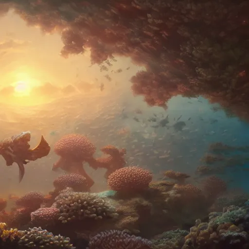 Image similar to beautiful coral reef photorealistic painting, wlop, concept art, octane render, deviantart, greg rutkowski, cinematic, artstation, key art, hyperrealism