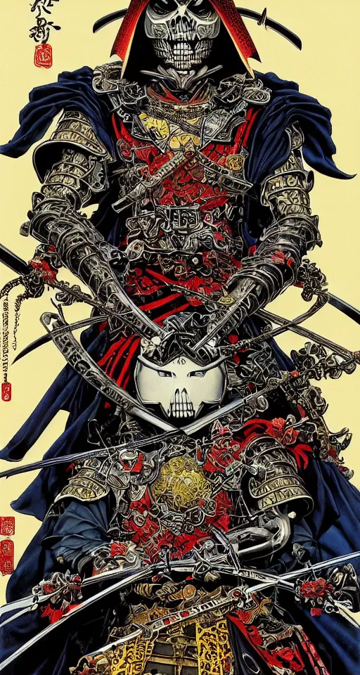 Image similar to portrait of a crazy skeletor samurai with japanese armor and helmet, by yoichi hatakenaka, masamune shirow, josan gonzales and dan mumford, ayami kojima, takato yamamoto, barclay shaw, karol bak, yukito kishiro