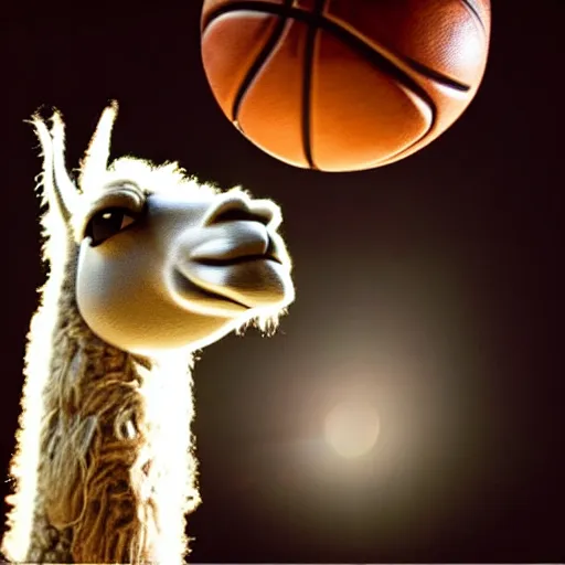 Image similar to film still of a llama dunking a basketball, low angle, extreme long shot, indoors, dramatic backlighting