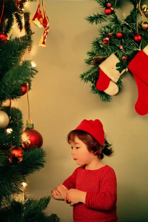 Image similar to retro photo of a child with a cat's face in cute clothes on the background of a christmas tree with new year's toys, ussr, sovet ; kodak ektar, 2 0 0 iso, 3 5 mm lens, bill henson style beautiful chiaroscuro lighting, beautiful colour palette, beautiful and realistic, wide shot