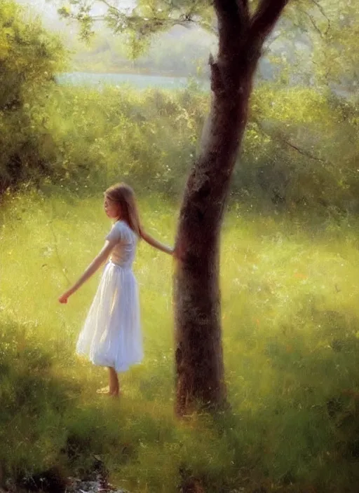 Image similar to There is a tree by the river, a girl wearing a white skirt swinging under the tree, by Vicente Romero Redondo