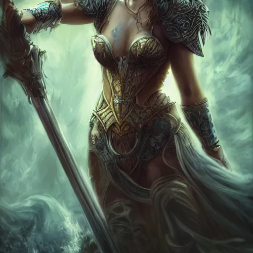 Image similar to the picture of a beautiful woman knight, epic fantasy art, mystical, mystic atmosphere, mythology, photo realistic, high detail, ultra realistic, hyper realistic, high definiton, 4 k uhd,