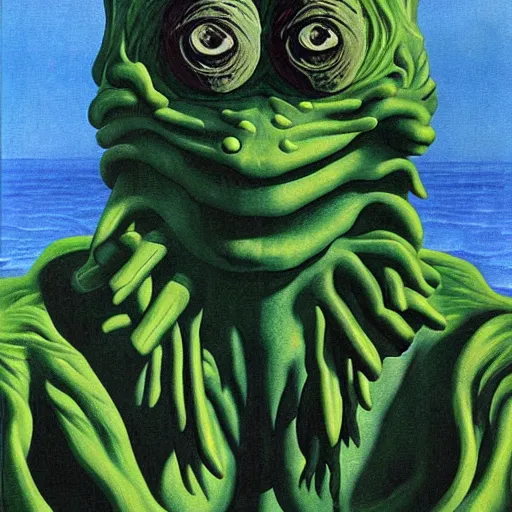 Image similar to creature from the black lagoon detailed painting by rene magritte