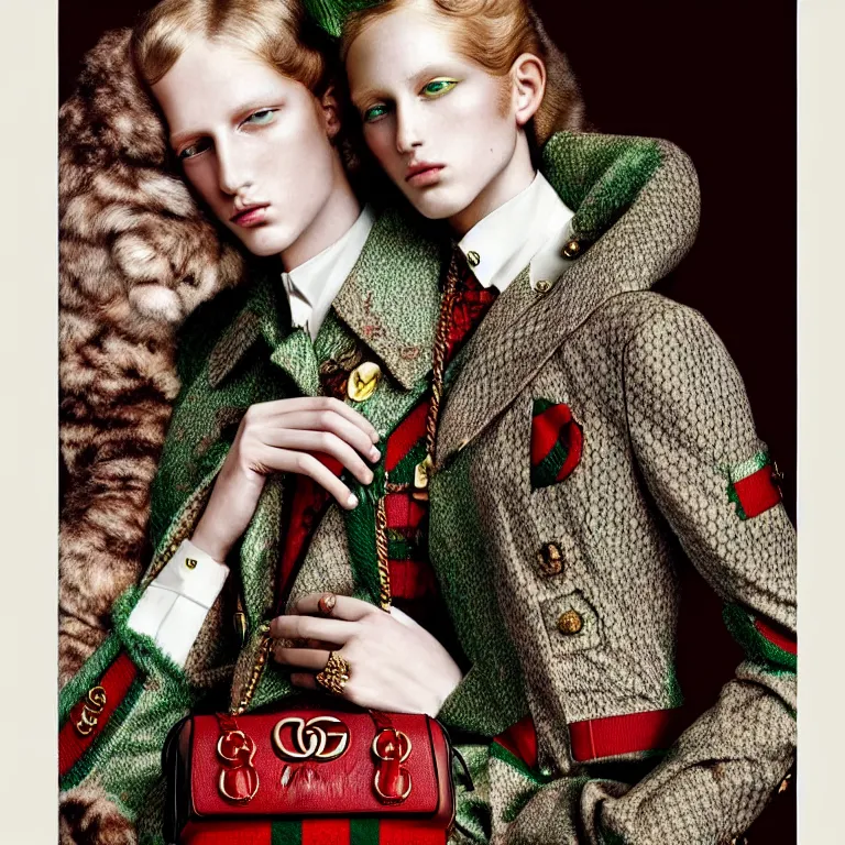 Image similar to a very beautiful gucci portrait, highly detailed, intricate, photography, fashion