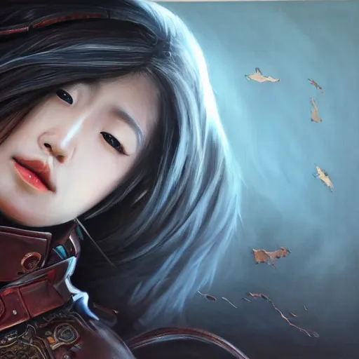 Image similar to perfect, realistic oil painting of close-up japanese young woman wearing leather jacket, in Diablo 3