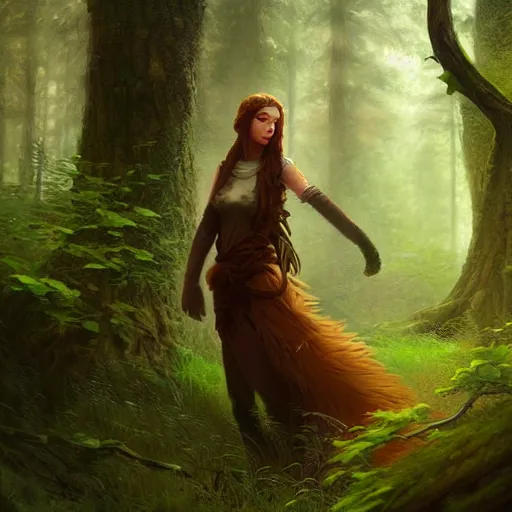 Prompt: a pretty female druid surrounded by forest animals, in the woods, hyper realistic, digital painting, photorealistic, in the style of greg rutkowski, highly detailed, cinematic