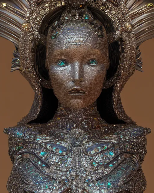 Image similar to a highly detailed metahuman 4 k close up render of an alien goddess bella hadid monument in iris van herpen armor schiaparelli in diamonds crystals swarovski and jewelry iridescent in style of alphonse mucha gustav klimt trending on artstation made in unreal engine 4