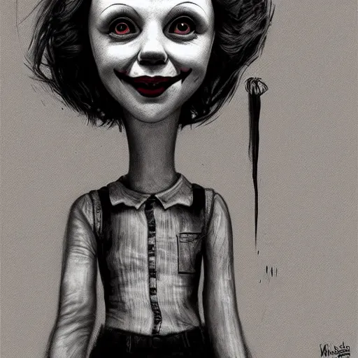 Image similar to surrealism grunge cartoon portrait sketch of millie bobby brown with a wide smile by - michael karcz, loony toons style, pennywise style, horror theme, detailed, elegant, intricate