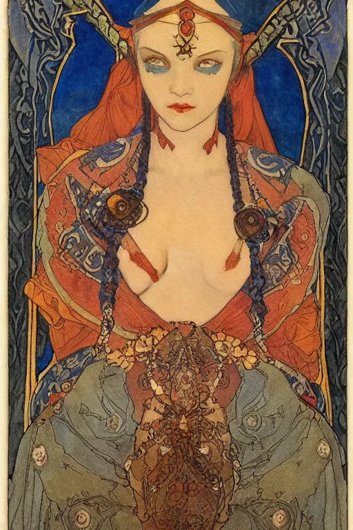Prompt: the lantern crown, by Annie Swynnerton and Nicholas Roerich and Edmund Dulac, embroidered brocade, tattoos, elaborate costume, geometric ornament, symbolist, rich colors, dramatic lighting, smooth, sharp focus, extremely detailed