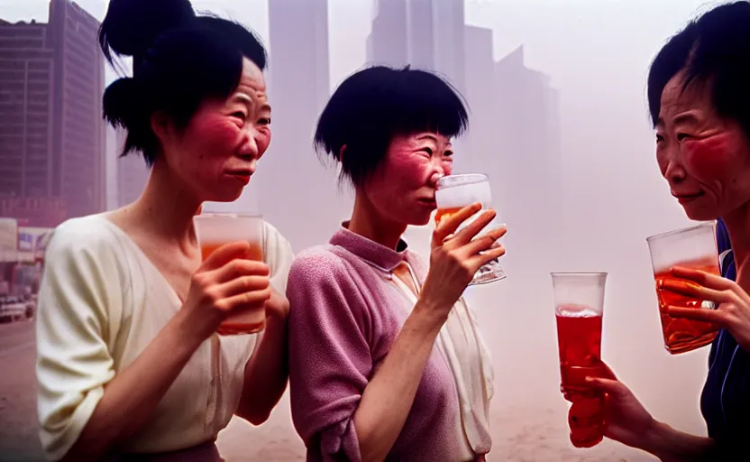 Image similar to cinestill 5 0 d candid photographic portrait by helen levitt of a two android women sharing a drink in futuristic china, extreme closeup, modern cyberpunk, minimalism, dust storm, 8 k, hd, high resolution, 3 5 mm, f / 3 2, ultra realistic faces, intricate detail, ex machina