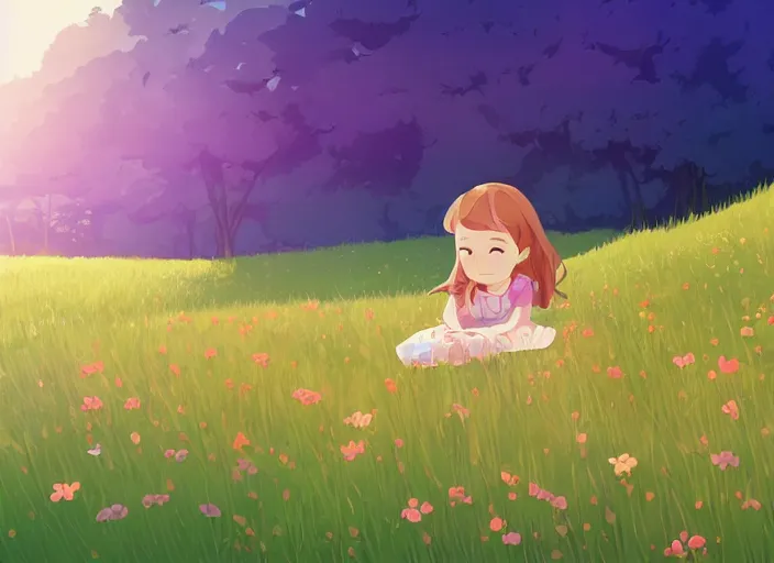 Prompt: a little girl with short wavy curly light brown hair is asleep in a flower meadow. clean cel shaded vector art. shutterstock. behance hd by lois van baarle, artgerm, helen huang, by makoto shinkai and ilya kuvshinov, rossdraws, illustration, art by ilya kuvshinov