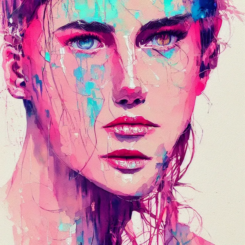 Prompt: close up portrait painting of a female in nineties street styling, concept art, intricate details, aesthetically pleasing pastel colors, art by conrad roset, impressionism, watercolor, portrait