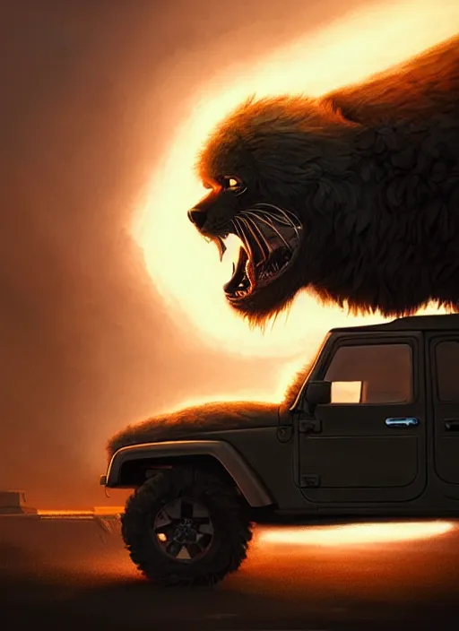 Image similar to furry rembo standing on top of the jeep, photorealistic, glowing lighting, intricate, elegant, glowing lights, highly detailed, digital painting, artstation, concept art, smooth, sharp focus, illustration, art by wlop, mars ravelo and greg rutkowski