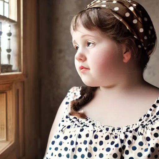 Image similar to charming and chubby girl, wearing a polka dot dress and a victorian - style hairdo on her head, sits in the large and bright studio. sunlight enters through the barred window. very realistic shiny skin. subsurface scattering shiny skin. beautiful lighting, 4 k post - processing, highly detailed, 5 k extremely detailed, 3 d. cinematic scene.