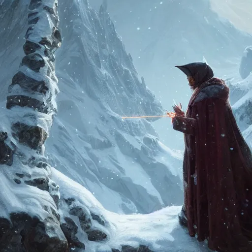 Prompt: a powerful wizard casting a spell on a snowy mountain top, greg rutkowski, 8 k, shallow depth of field, intricate detail, concept art,