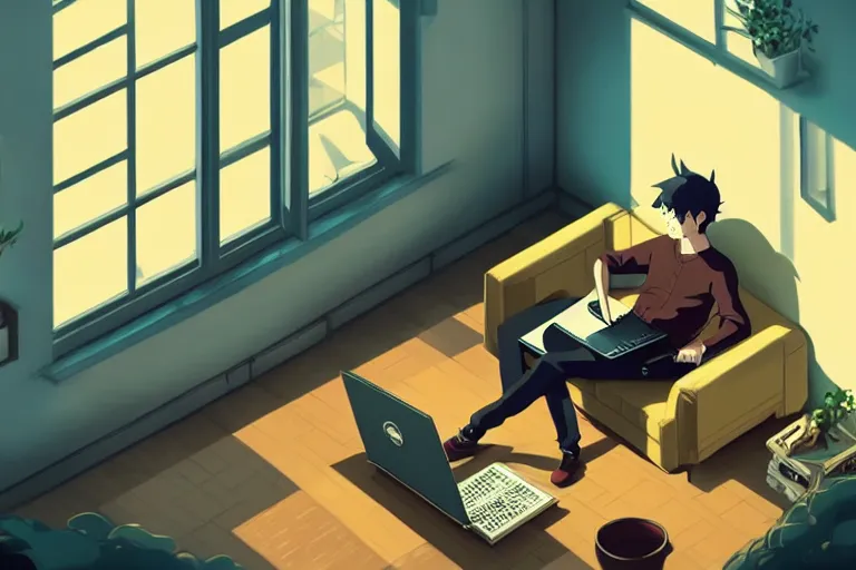 Prompt: a young man sitting on a sofa working on a laptop, wide angle shot from above, golden curve composition, animation portrait concept art, style of makoto shinkai, xision, james jean and peter mohrbacher, studio ghibli, artgerm, karol bak, dan mumford, 4 k hd, animation style