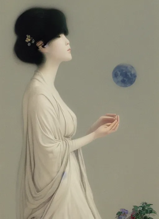 Image similar to beatifull pale wan woman, feminine goddes, side view, lit by the moon, adorable korean face silver hair!!, style of fernand khnopff and lucien levy - dhurmer, 4 k resolution, aesthetic!,