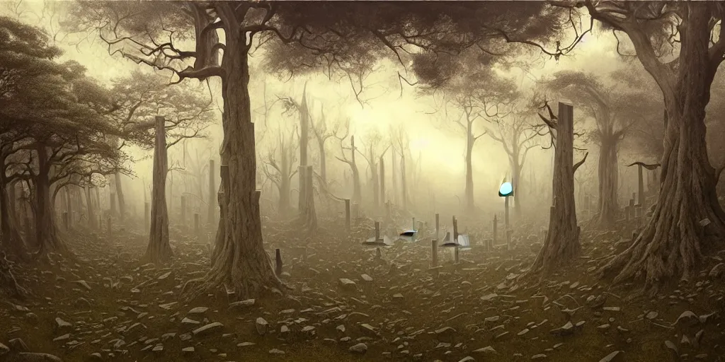 Prompt: Beautiful hyperrealistic detailed matte painting of a Landscape of cemetery tombstones in a majestically ugly and terrible world on the lost Vibes and a dense dark forest of high trees in the background, death rises in the air, cold, by Zdzisław Beksiński and Artem Demura, andreas rocha and john howe, and Martin Johnson Heade, featured on artstation, featured on behance, golden ratio, ultrawide angle, f32, well composed, cohesive.69:1