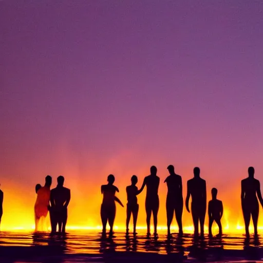 Prompt: swimming diverse groups of humans glowing sea at night, from behind, wide angle, elaborate, highly detailed, beautiful lighting