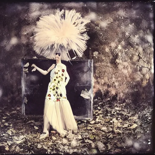 Image similar to damaged kodak portra 4 0 0, wetplate, photo of a surreal artsy dream scene,, very beautiful model, weird fashion, grotesque, extravagant dress, strange pose, carneval, with an animal, wtf, photographed by paolo roversi style