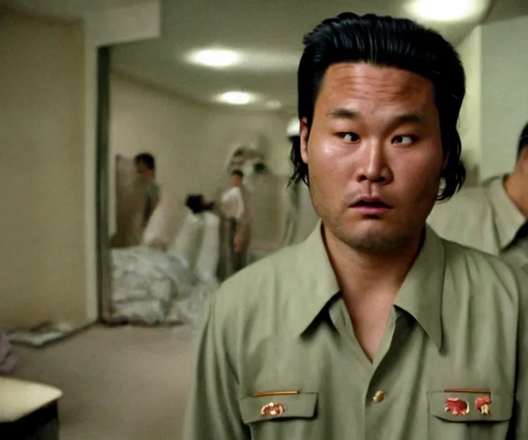 Image similar to hyperralism pineapple express ( 2 0 0 8 ) movie still photography of real detailed north korean kim chen with detailed face smoking high detailed weed and reviewing weed bush in detailed basement bedroom ultra violet light