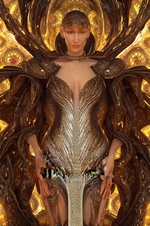 Image similar to a highly detailed metahuman 4 k close up render of an alien goddess bella hadid as andromeda in iris van herpen dress schiaparelli in diamonds crystals swarovski and jewelry in style of alphonse mucha gustav klimt trending on artstation made in unreal engine 4