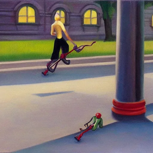 Image similar to spiders on rollerblades, grant wood, pj crook, edward hopper, oil on canvas