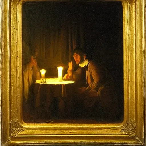 Prompt: The evocative candlelit night scenes of Dutch Romantic painter Petrus van Schendel (1806-1870)