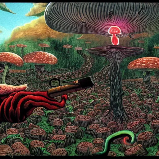 Image similar to A centered chest up portrait of a psychedelic demonic anthropomorphic snake smoking a hand-rolled cigarette smoking heavily , magic mushroom village in background , award winning. superb resolution. in the art style of junji Ito and greg rutkowski . Detailed Mushroom city in background. Hyper realistic anime. Perfect art. Dalle2