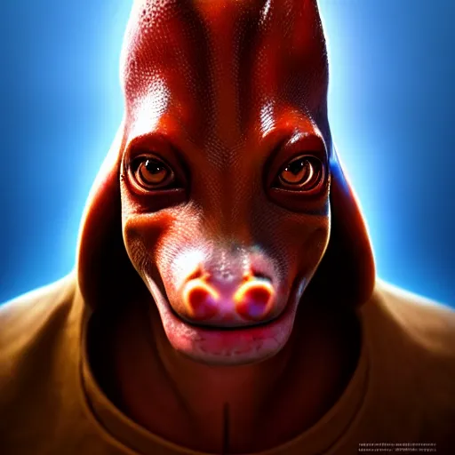 Image similar to jar jar Binks, perfect eyes, full body shot, portrait, vivid colors, elegant, concept art, sharp focus, digital art, Hyper-realistic, 4K, Unreal Engine, Highly Detailed, HD, Dramatic Lighting by Brom, trending on Artstation