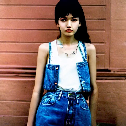 Image similar to she, amazing, snapshot of, face, eyes, hair, neck of beautiful, fashionable, elegant, conservative, young, uzbek, fashion model and student, slender, tank top, denim shorts. image quite stunningly complex. nikon fm 2 film blow - up