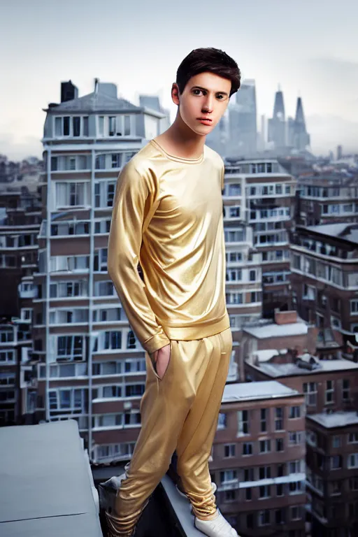 Image similar to un ultra high definition studio quality photographic art portrait of a young man standing on the rooftop of a british apartment building wearing soft padded silver pearlescent clothing. three point light. extremely detailed. golden ratio, ray tracing, volumetric light, shallow depth of field. set dressed.