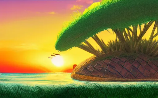 Prompt: a giant turtle in the ocean whose shell is a grassy island with a giant castle on top, sunset, drawn by hayao miyazaki, hi res, 4k