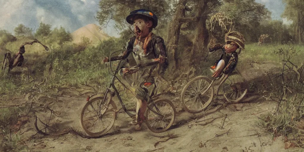 Image similar to artwork by eugene von guerard, a kid on a bike speeding away from zombies