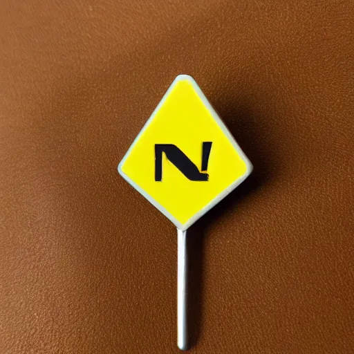 Image similar to a diamond enamel pin of a caution exclamation mark warning label, smooth curves